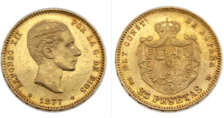 315eur 25 pesetas 1877 Alfonso XII oro  peso 8,06 gr